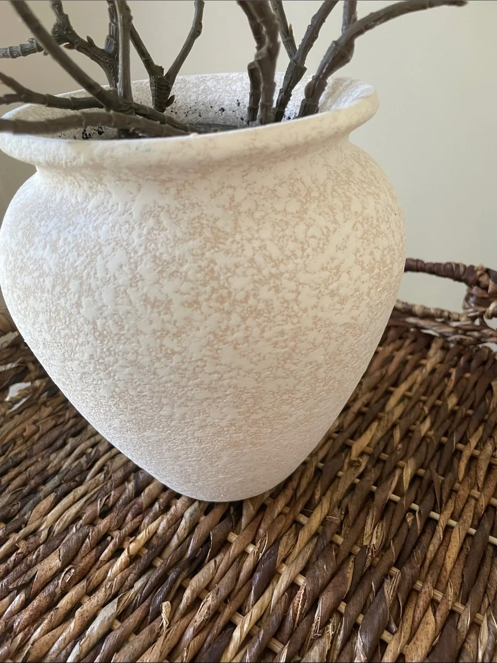 Decorative Cream Ceramic Vase with Green Faux Foliage - Unbranded